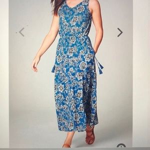 J Jill Tiered Blue Floral V-Neck Maxi Dress LG